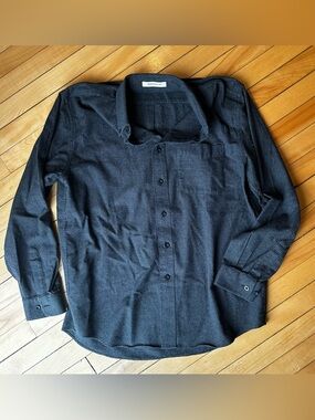L.L. Bean 100% Cotton Button-Up Shirt in Charcoal Blue Micro-Check